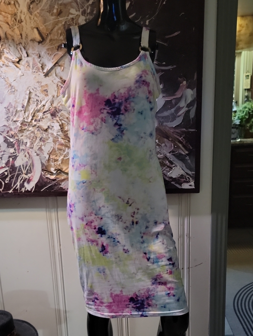Full Circle White Tie-Dye Midi Dress with Pink, Blue & Green Accents